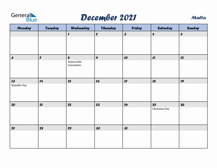 December 2021 Calendar with Holidays in Malta