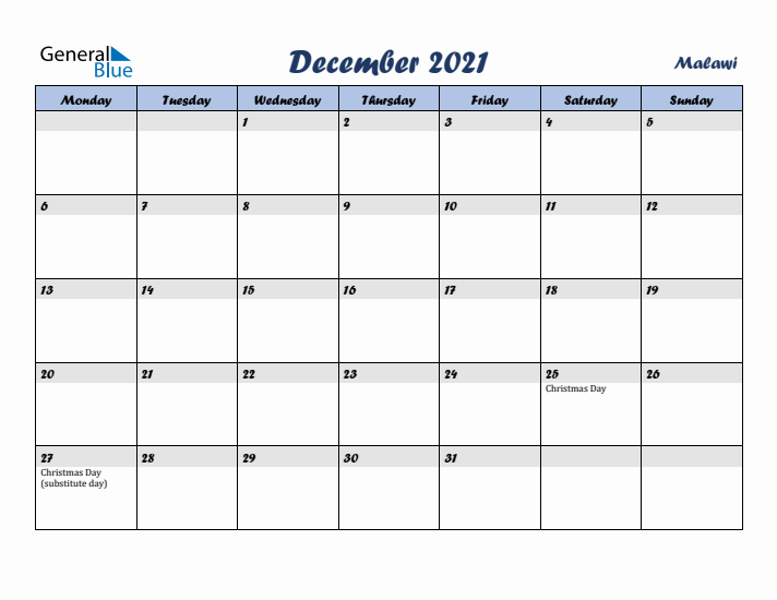 December 2021 Calendar with Holidays in Malawi
