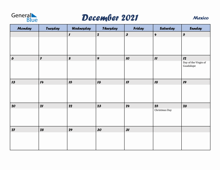 December 2021 Calendar with Holidays in Mexico