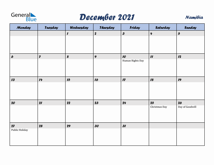 December 2021 Calendar with Holidays in Namibia
