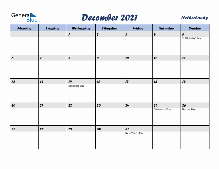 December 2021 Calendar with Holidays in The Netherlands