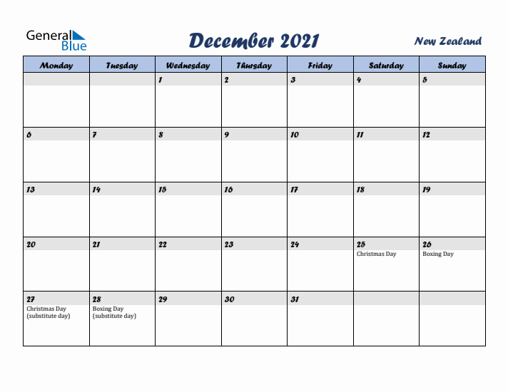 December 2021 Calendar with Holidays in New Zealand