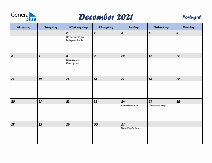 December 2021 Calendar with Holidays in Portugal