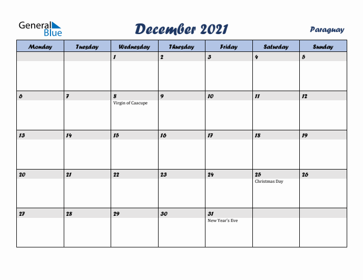 December 2021 Calendar with Holidays in Paraguay
