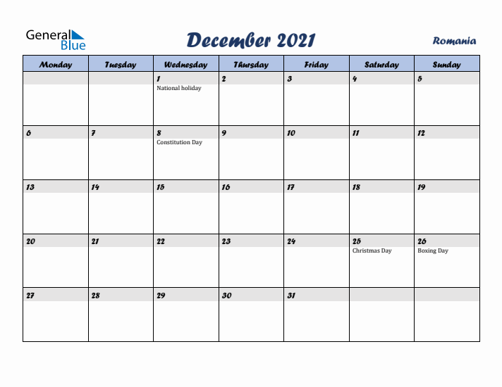 December 2021 Calendar with Holidays in Romania