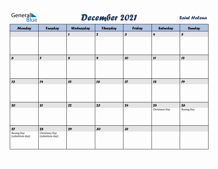 December 2021 Calendar with Holidays in Saint Helena