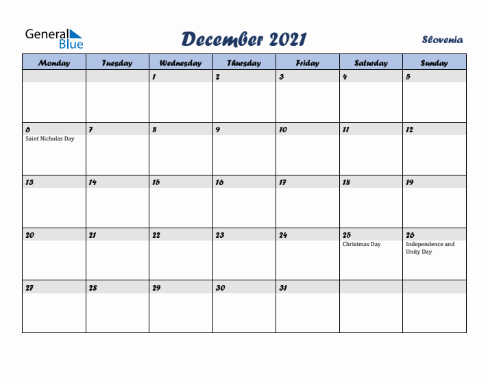December 2021 Calendar with Holidays in Slovenia