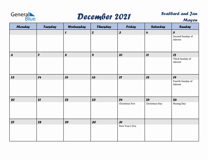 December 2021 Calendar with Holidays in Svalbard and Jan Mayen