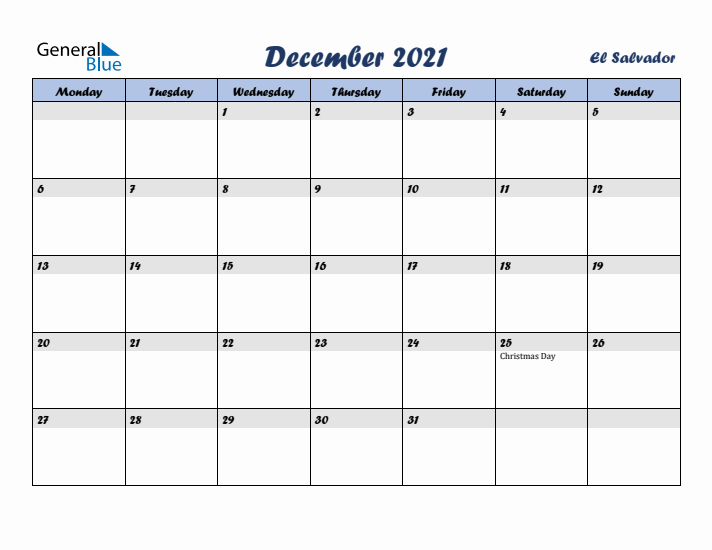 December 2021 Calendar with Holidays in El Salvador