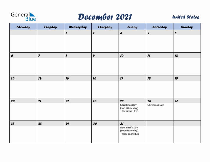 December 2021 Calendar with Holidays in United States