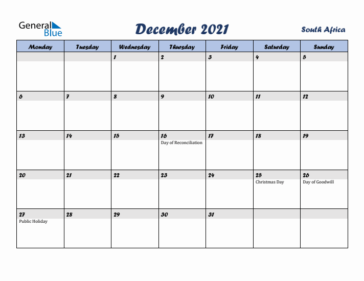 December 2021 Calendar with Holidays in South Africa
