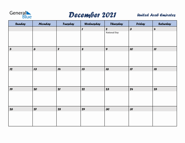 December 2021 Calendar with Holidays in United Arab Emirates