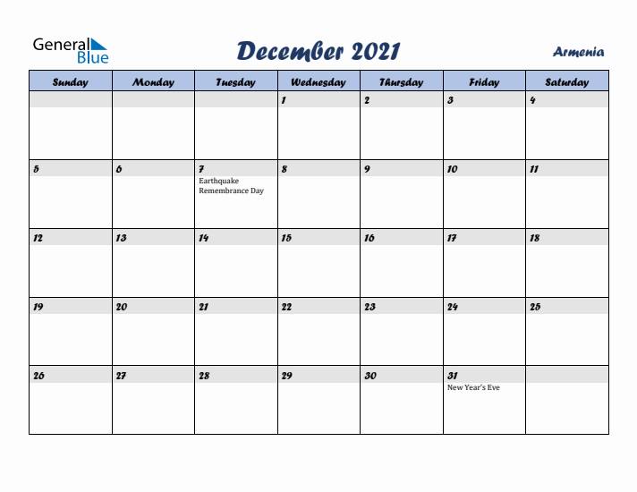 December 2021 Calendar with Holidays in Armenia