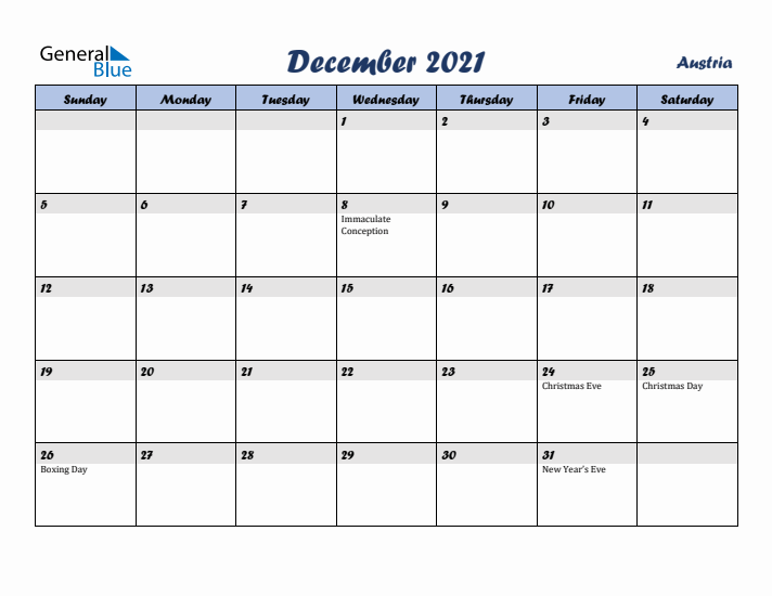 December 2021 Calendar with Holidays in Austria