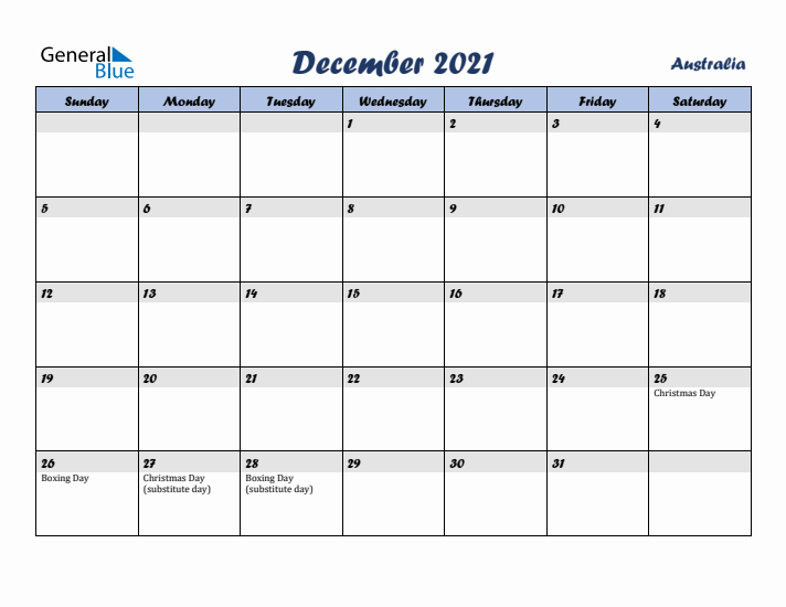 December 2021 Calendar with Holidays in Australia