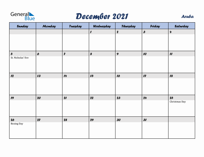 December 2021 Calendar with Holidays in Aruba