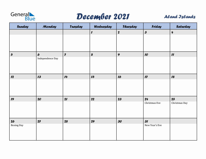 December 2021 Calendar with Holidays in Aland Islands