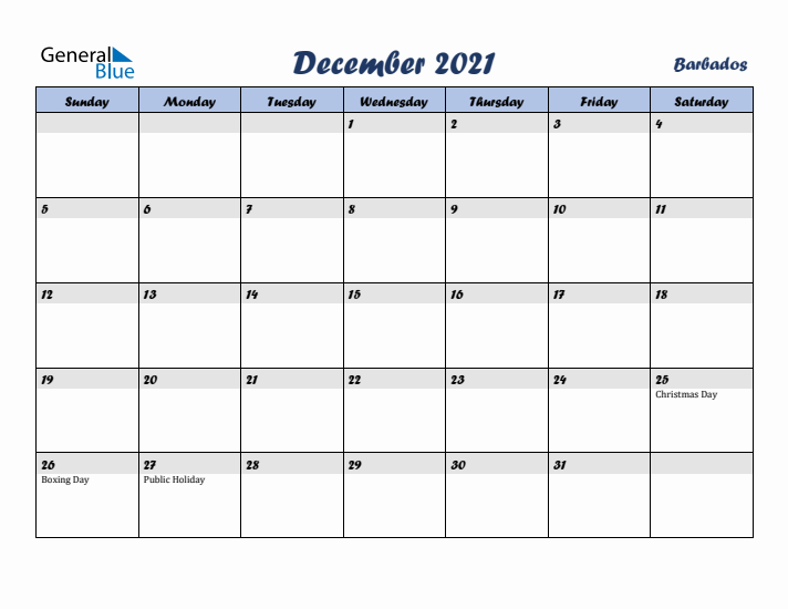 December 2021 Calendar with Holidays in Barbados