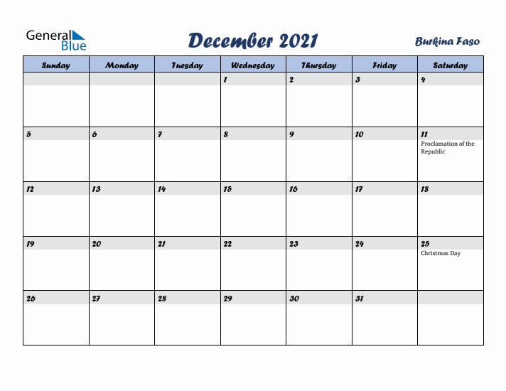 December 2021 Calendar with Holidays in Burkina Faso