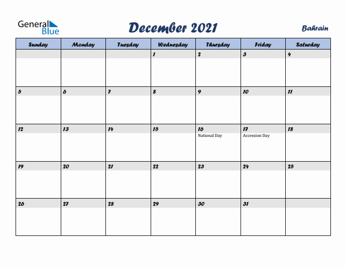 December 2021 Calendar with Holidays in Bahrain