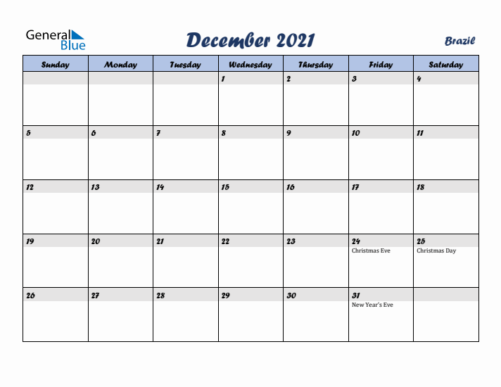 December 2021 Calendar with Holidays in Brazil
