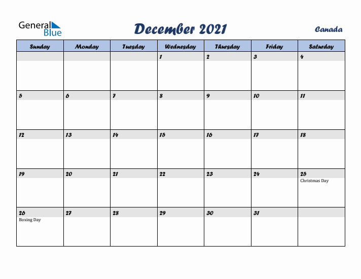 December 2021 Calendar with Holidays in Canada