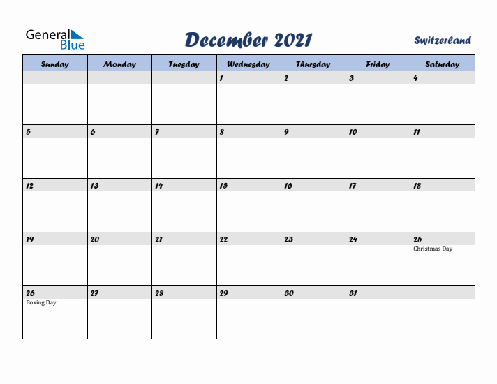 December 2021 Calendar with Holidays in Switzerland
