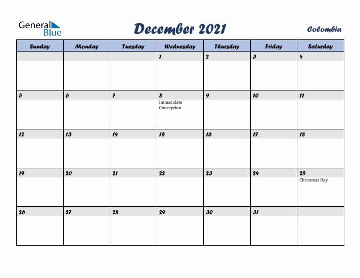 December 2021 Calendar with Holidays in Colombia