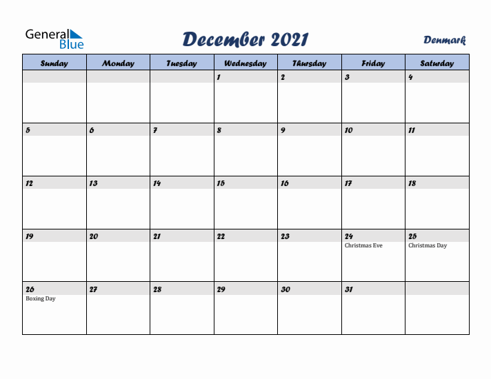 December 2021 Calendar with Holidays in Denmark