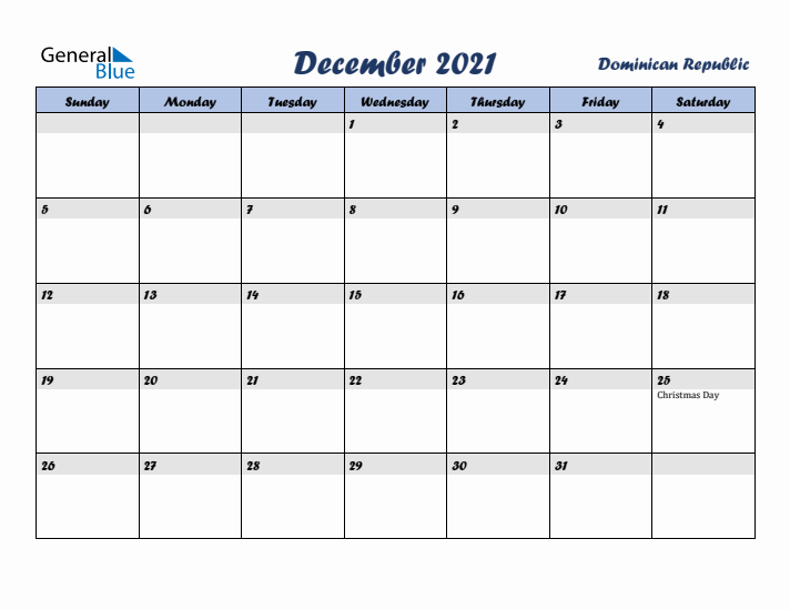 December 2021 Calendar with Holidays in Dominican Republic