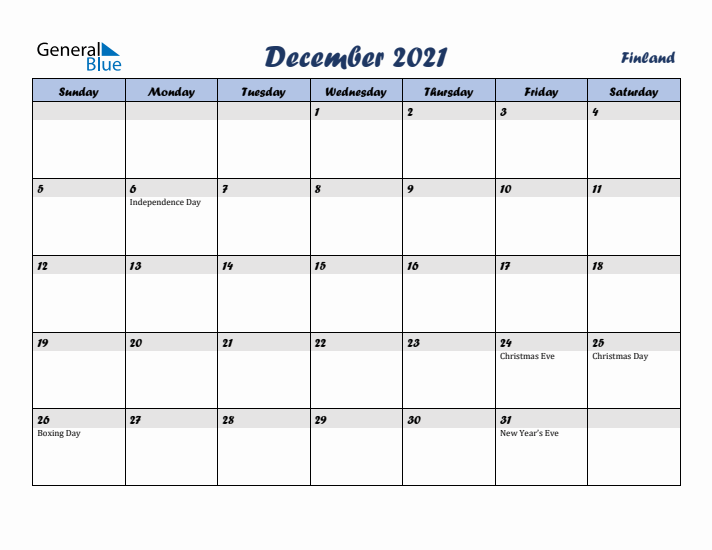 December 2021 Calendar with Holidays in Finland