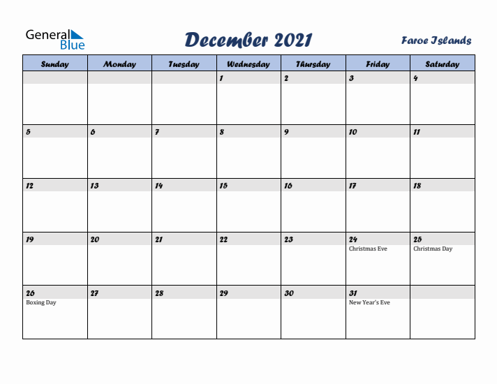 December 2021 Calendar with Holidays in Faroe Islands