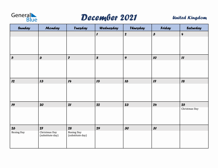 December 2021 Calendar with Holidays in United Kingdom