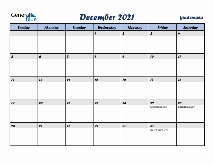 December 2021 Calendar with Holidays in Guatemala