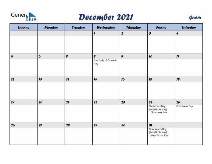December 2021 Calendar with Holidays in Guam