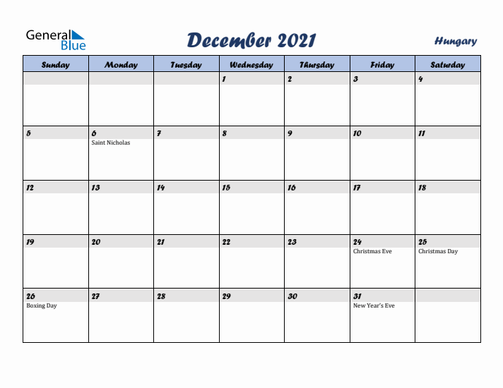 December 2021 Calendar with Holidays in Hungary