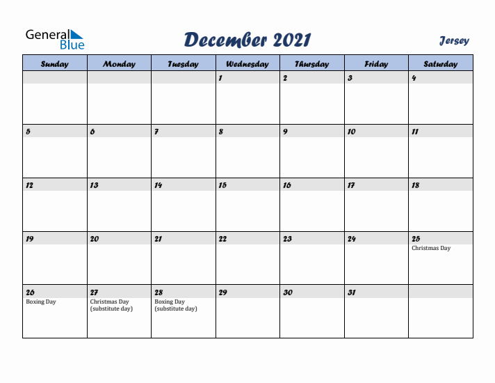 December 2021 Calendar with Holidays in Jersey