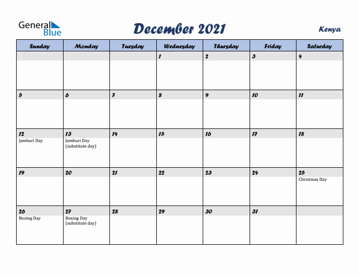 December 2021 Calendar with Holidays in Kenya