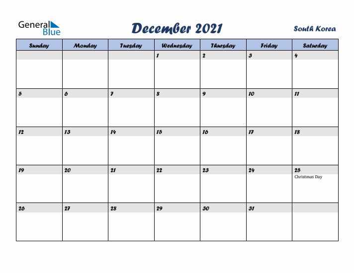 December 2021 Calendar with Holidays in South Korea