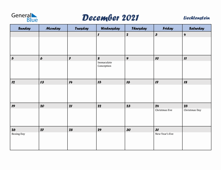 December 2021 Calendar with Holidays in Liechtenstein