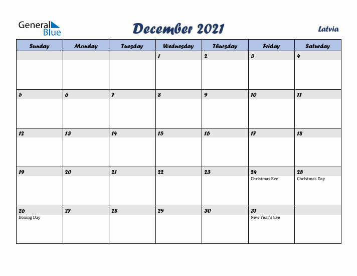 December 2021 Calendar with Holidays in Latvia