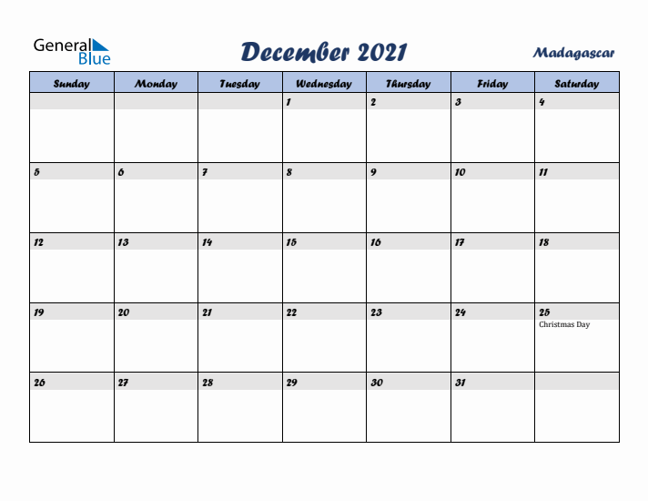 December 2021 Calendar with Holidays in Madagascar