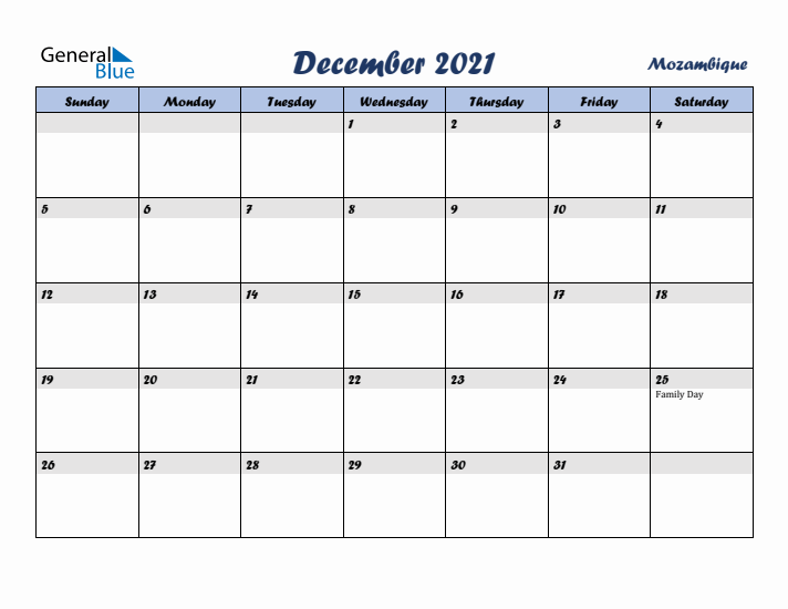 December 2021 Calendar with Holidays in Mozambique