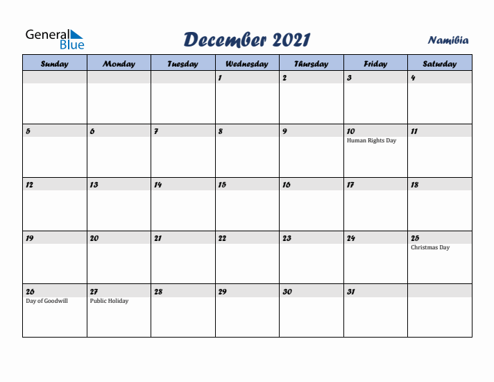 December 2021 Calendar with Holidays in Namibia