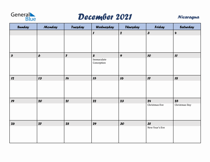 December 2021 Calendar with Holidays in Nicaragua