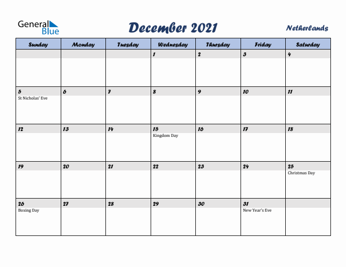December 2021 Calendar with Holidays in The Netherlands