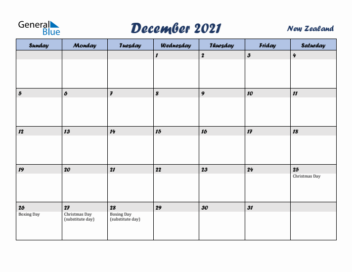 December 2021 Calendar with Holidays in New Zealand