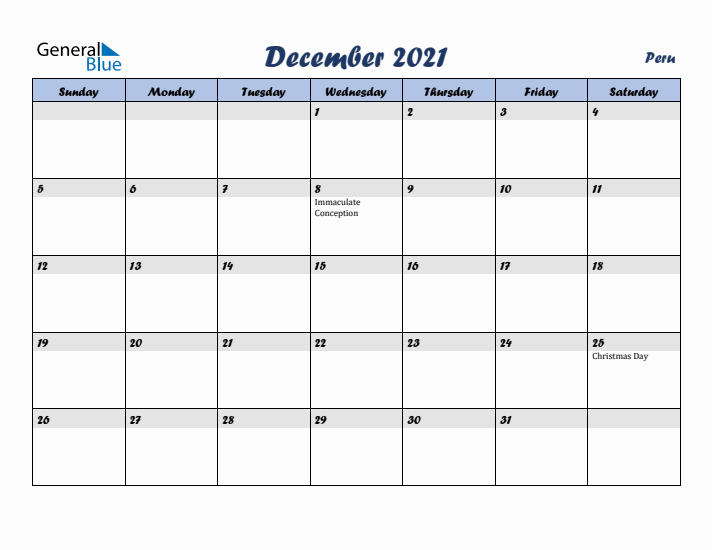 December 2021 Calendar with Holidays in Peru