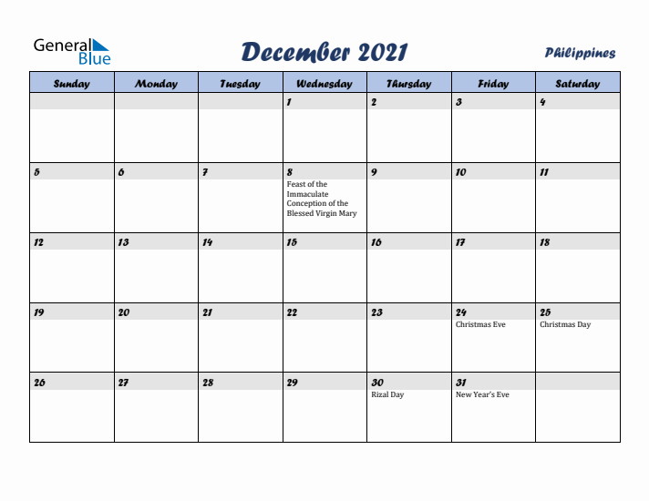 December 2021 Calendar with Holidays in Philippines