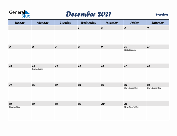 December 2021 Calendar with Holidays in Sweden